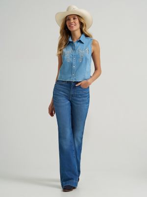 Women's Saddle Embroidered Denim Sleeveless Snap Shirt