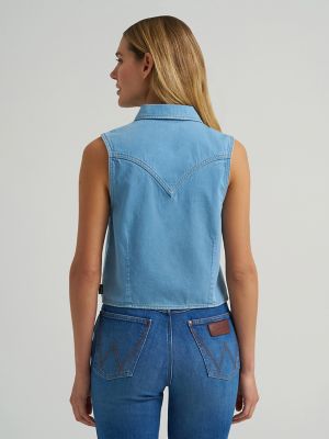 Women's Saddle Embroidered Denim Sleeveless Snap Shirt