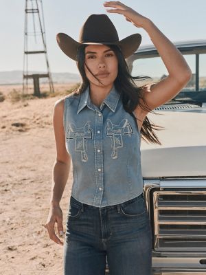 Women's Saddle Embroidered Denim Sleeveless Snap Shirt from Wrangler - $49.99