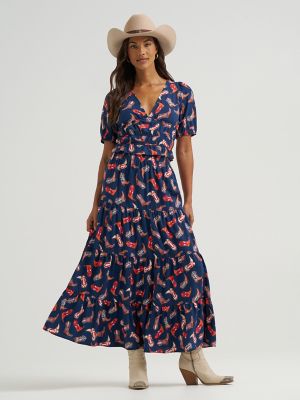 Women's Wrangler Printed Tiered Maxi Skirt in Navy Blue