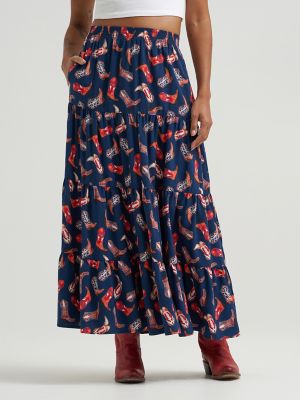 Women's Wrangler Printed Tiered Maxi Skirt in Navy Blue