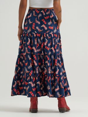 Women's Wrangler Printed Tiered Maxi Skirt in Navy Blue