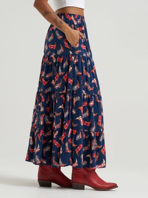 Women's Wrangler Printed Tiered Maxi Skirt in Navy Blue