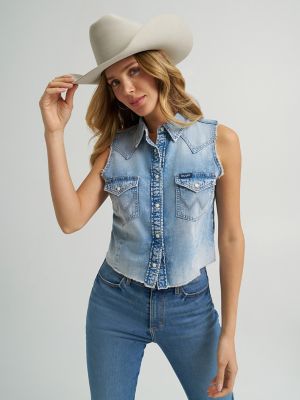 Women's Frayed Hem Sleeveless Denim Snap Shirt
