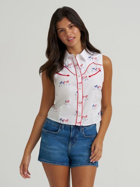 Женские рубашки Wrangler Women's Wrangler Sleeveless Americana Western Snap Shirt