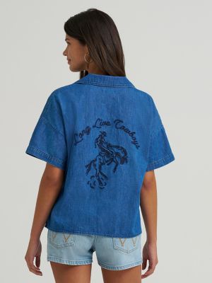 Women's Embroidered Denim Camp Shirt