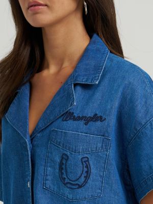 Women's Embroidered Denim Camp Shirt