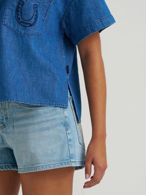 Women's Embroidered Denim Camp Shirt