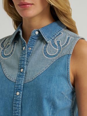 Women's Horseshoe Sleeveless Denim Snap Shirt