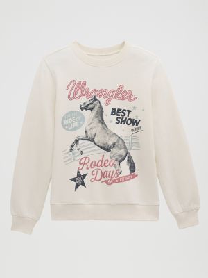 Wrangler Women's Rodeo Shimmer Graphic Fleece Reg Pullover In Egret In Off White