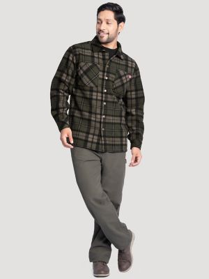 Men's Faux Shearling Workwear Flannel Overshirt in Olive Green Check