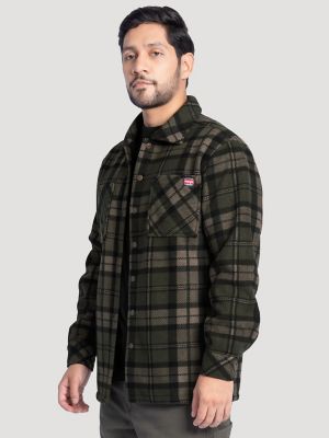 Men's Faux Shearling Workwear Flannel Overshirt in Olive Green Check