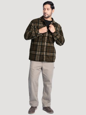 Men's Faux Shearling Workwear Flannel Overshirt in Brown Check