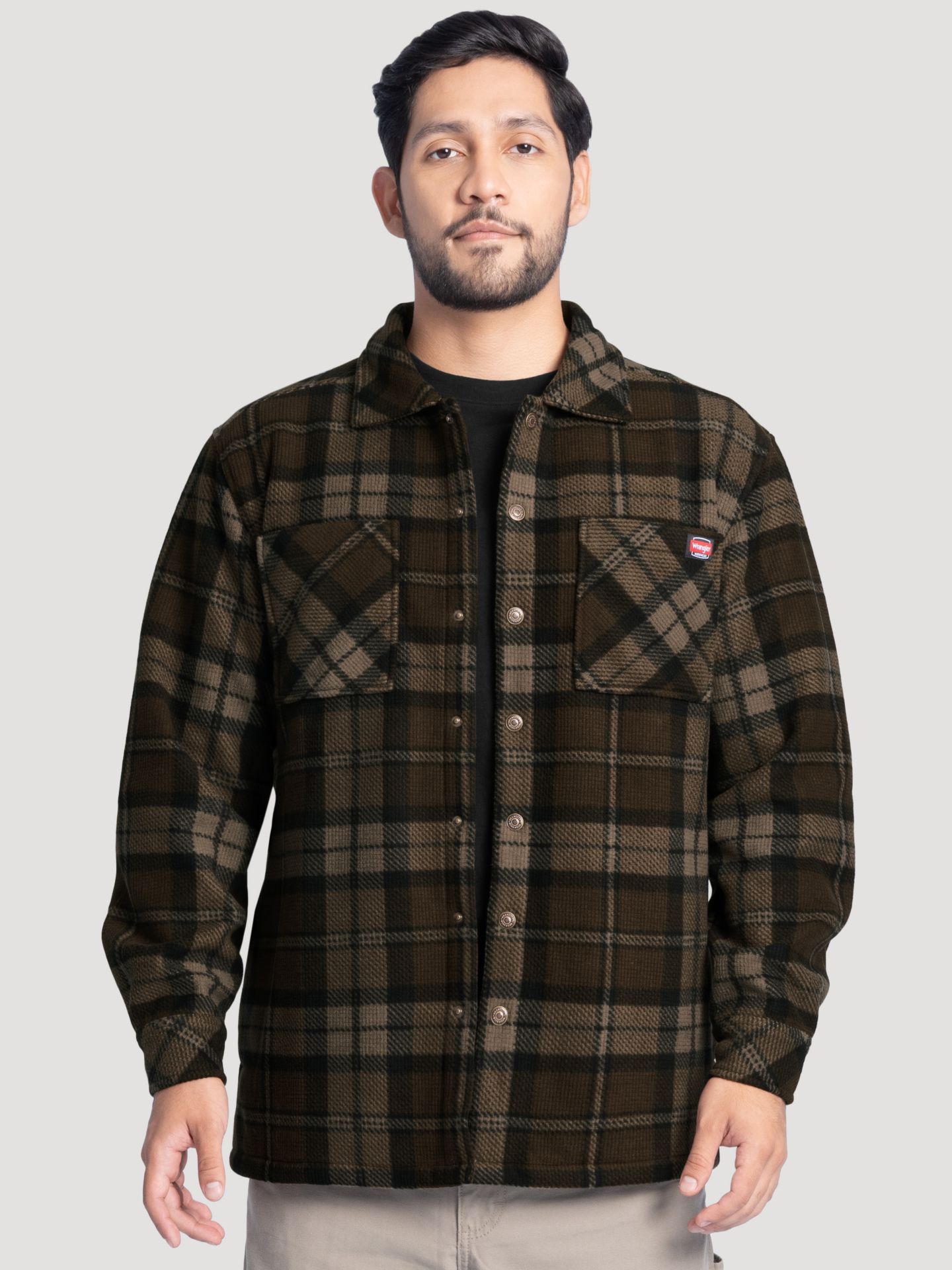 Мужская рубашка Wrangler Faux Shearling Workwear Flannel Overshirt, цвет: Коричневый клетчатый — фото 4