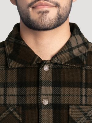 Men's Faux Shearling Workwear Flannel Overshirt in Brown Check