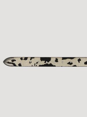 Women's Cow Print Concho Belt in White/Black