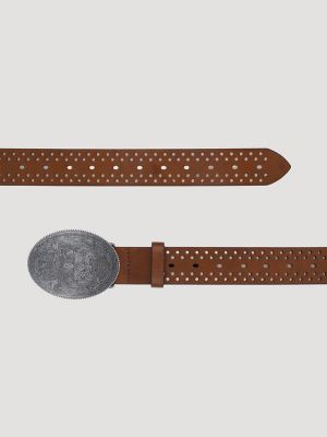 Womens Floral Perforated Belt:Light Brown:S alternative view