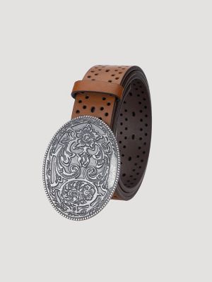 Womens Floral Perforated Belt:Light Brown:S alternative view 2