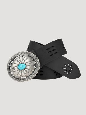 Women's Turquoise Floral Cutout Belt in Black