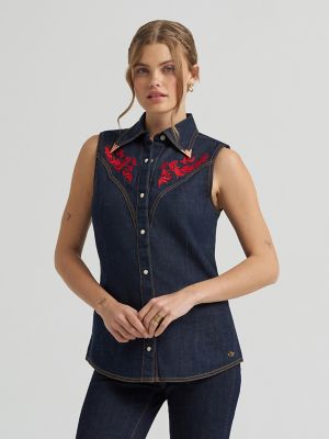 Lainey Wilson x Wrangler Embroidered Sleeveless Denim Shirt