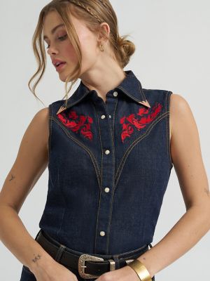 Lainey Wilson x Wrangler Embroidered Sleeveless Denim Shirt