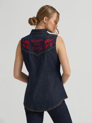 Lainey Wilson x Wrangler Embroidered Sleeveless Denim Shirt