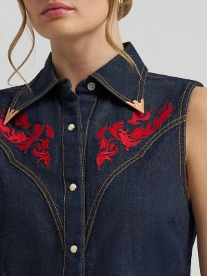 Lainey Wilson x Wrangler Embroidered Sleeveless Denim Shirt