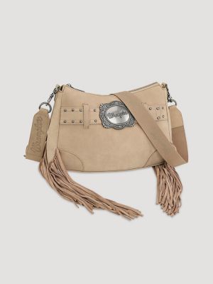 Buckle and Fringe Satchel Bag in Tan