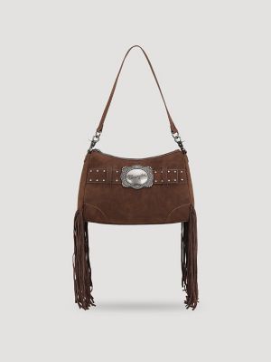 Buckle and Fringe Satchel Bag:Coffee:One Size main view