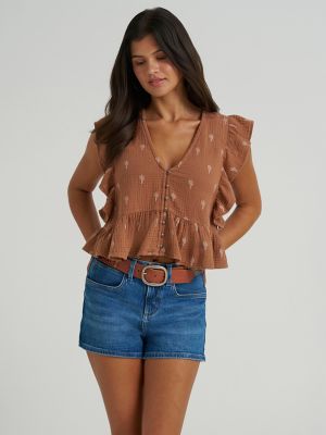 Women's Gauzy Flutter Sleeve Blouse in Brown alternative view