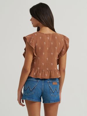 Women's Gauzy Flutter Sleeve Blouse in Brown alternative view 3