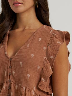 Women's Gauzy Flutter Sleeve Blouse in Brown alternative view 4