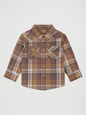Little Boy's Long Sleeve Plaid Western Snap Shirt in Maple Brown