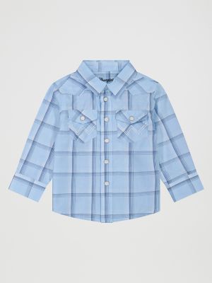 Little Boy's Long Sleeve Plaid Western Snap Shirt in Blue Frost