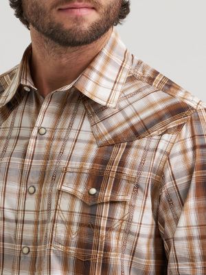 Men's Wrangler Retro&reg; Premium Long Sleeve Western Snap Plaid Shirt in Earthen alternative view 3
