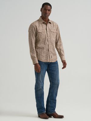 Men's Wrangler Retro&reg; Premium Long Sleeve Western Snap Printed Shirt in Brown Sugar
