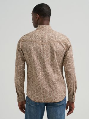 Men's Wrangler Retro&reg; Premium Long Sleeve Western Snap Printed Shirt in Brown Sugar