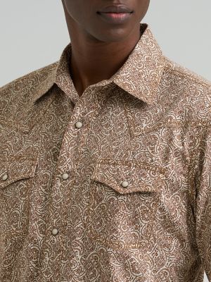 Men's Wrangler Retro&reg; Premium Long Sleeve Western Snap Printed Shirt in Brown Sugar