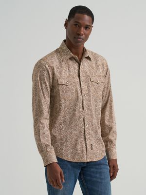 Men's Wrangler Retro&reg; Premium Long Sleeve Western Snap Printed Shirt in Brown Sugar
