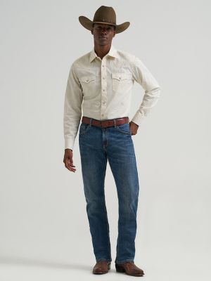 Men's Wrangler Retro&reg; Premium Long Sleeve Western Snap Printed Shirt in Ecru Drops