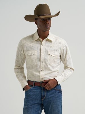 Men's Wrangler Retro&reg; Premium Long Sleeve Western Snap Printed Shirt in Ecru Drops