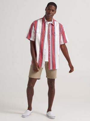 Brushpopper Western Snap Short Sleeve Workshirt in Cherry Stripe