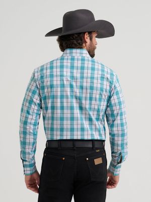 Men's Wrinkle Resist Long Sleeve Western Snap Plaid Shirt in Seaside alternative view 2