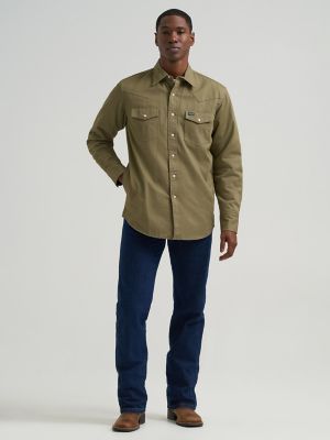 Men's Wrangler&reg; Long Sleeve Flannel Lined Solid Work Shirt in Woodland Green alternative view