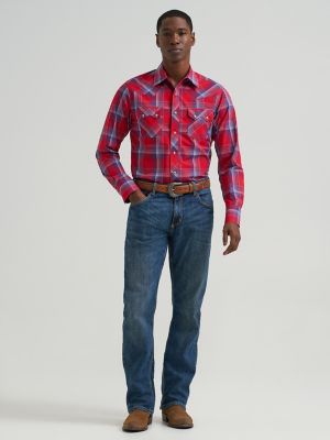 Men's Wrangler Retro&reg; Long Sleeve Sawtooth Snap Pocket Western Shirt in Traditional Red