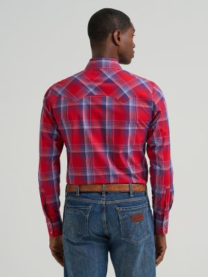 Men's Wrangler Retro&reg; Long Sleeve Sawtooth Snap Pocket Western Shirt in Traditional Red