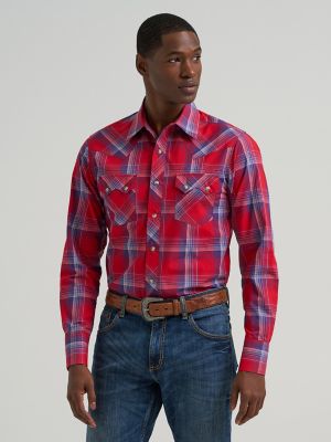 Men's Wrangler Retro&reg; Long Sleeve Sawtooth Snap Pocket Western Shirt in Traditional Red