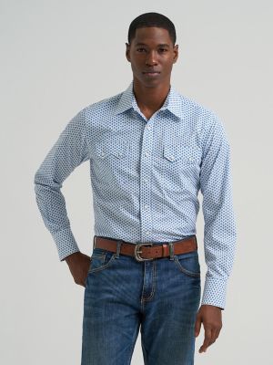 Men's Wrangler Retro&reg; Long Sleeve Sawtooth Snap Pocket Western Shirt in Blue Bee main view