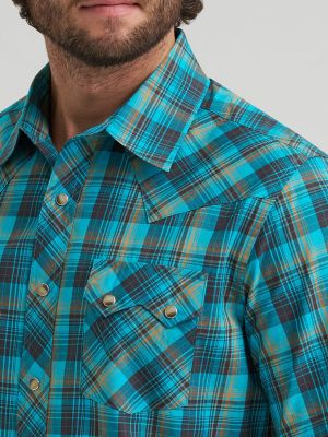 Men's Wrangler Retro&reg; Short Sleeve Sawtooth Pocket Western Snap Shirt in Lagoon alternative view 3