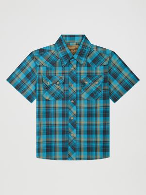 Boy's Wrangler Retro&reg; Short Sleeve Western Snap Shirt in Lagoon